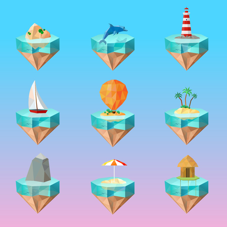 Tropical island symbols polygonal icons set on beautiful color gradient background with palm sailboat lighthouse dolphin vector illustrationのイラスト素材