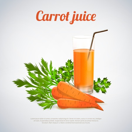 Glass of carrot juice with drinking straw root vegetables and green leaves on light background vector illustrationのイラスト素材