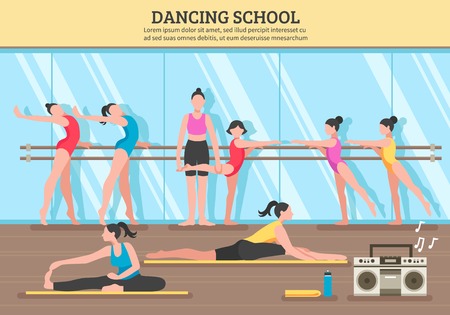 Dancing school with teacher and girl students near mirror and on mats music equipment flat vector illustrationのイラスト素材