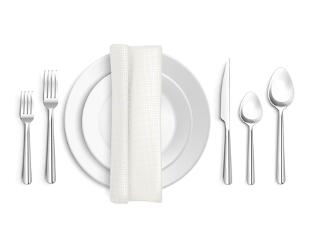 Table appointments top view 3d design with cutlery napkin and plates on white background isolated vector illustrationのイラスト素材