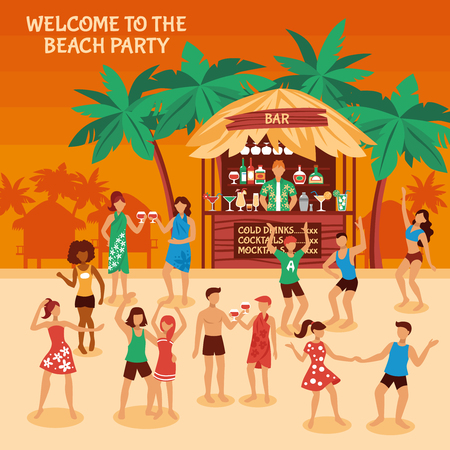 Beach party at sunset with bar and beverages cheerful people dancing on sand flat style vector illustrationのイラスト素材