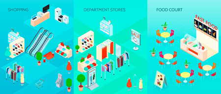 Shopping mall department stores interior and fast food  court 3 isometric vertical banners set isolated vector illustrationのイラスト素材