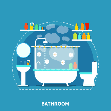 Bathroom interior concept with bath toilet and mirror on blue background flat vector illustrationのイラスト素材