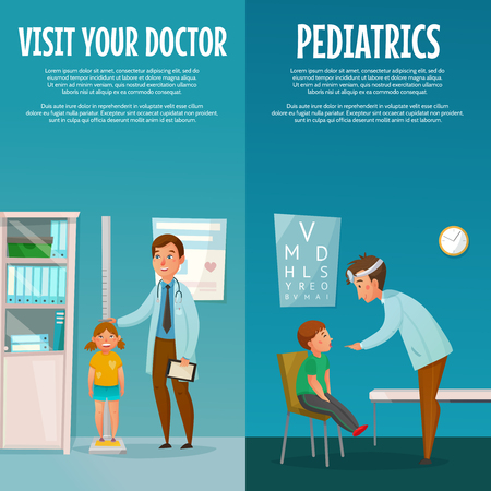 Pediatrician and kid vertical cartoon banners with measuring of height and examination of throat isolated vector illustrationのイラスト素材