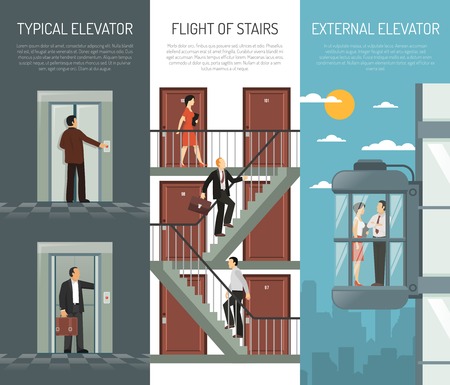 Three escalator stairs vertical banner set with typical elevator flight of stairs and external elevator descriptions vector illustrationのイラスト素材