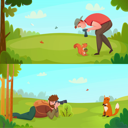 Nature and wildlife photographer with camera in outdoor action horizontal banners flat vector illustrationのイラスト素材
