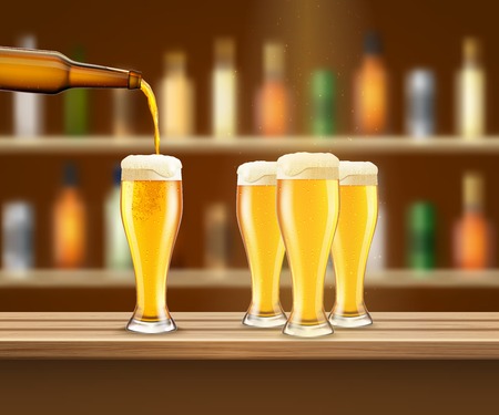 Four glasses with fresh lager beer on bar counter realistic vector illustrationのイラスト素材