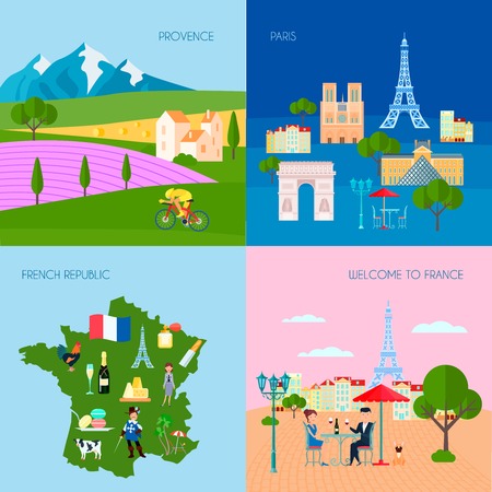 France concept icons set with Provence and Paris symbols flat isolated vector illustrationのイラスト素材