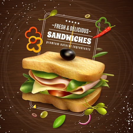 Delicious sandwich with ham cheese fresh paprika tomato onion and olives realistic wooden background advertisement poster vector illustrationのイラスト素材