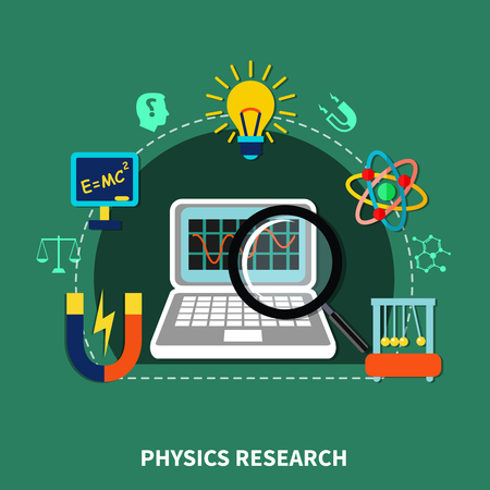 Physics research design elements, symbols and icons, science and education equipment flat vector illustrationのイラスト素材