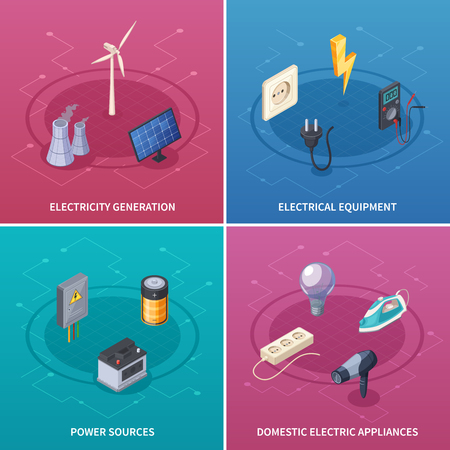 Electricity concept icons set with electrical equipment symbols isometric isolated vector illustrationのイラスト素材