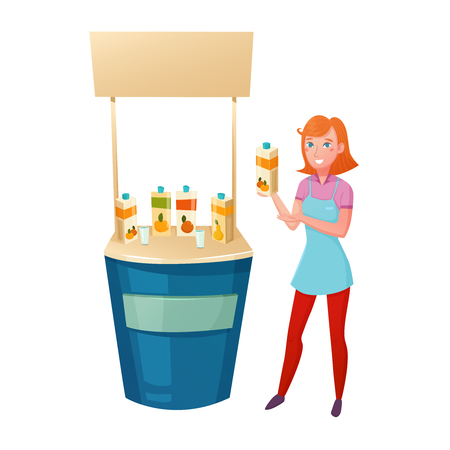 Healthy food promotion design concept with young girl standing near counter and offering tasting different juices vector illustrationのイラスト素材