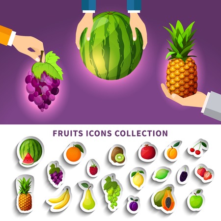 Fruits icons collection with composition from watermelon pineapple grape in hands on purple background isolated vector illustrationのイラスト素材