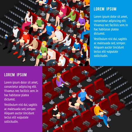Cinema hall horizontal isometric banners set with men and women isolated vector illustrationのイラスト素材