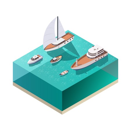 Four ships of different size floating on water isometric composition on white background 3d vector illustrationのイラスト素材
