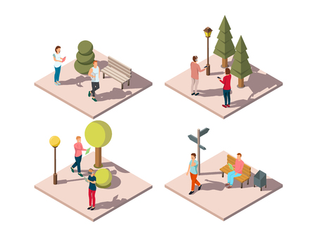 Gadgets people isometric composition with urban park visitors reading texting listening to music on the go vector illustrationのイラスト素材