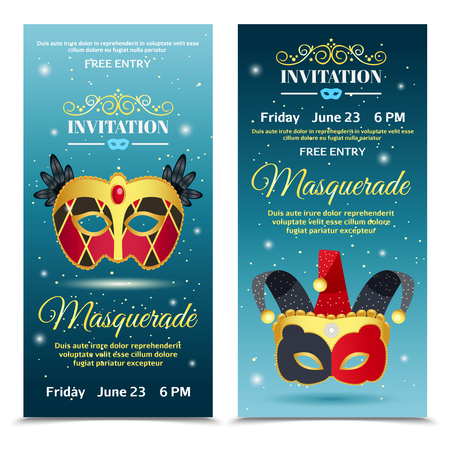 Carnival vertical banners representing  invitation tickets with date of event decorated by clowns mask flat vector illustrationのイラスト素材