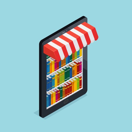 Online bookstore design including bookshelves at mobile device with striped awning on blue background isometric vector illustrationのイラスト素材