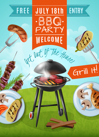 Barbecue party poster with steaks on grill, plates with chicken and vegetables, meat on skewers vector illustrationのイラスト素材