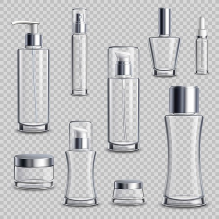 Cosmetics skincare empty glass package samples assortment realistic set wth spray bottles on transparent background vector illustrationのイラスト素材