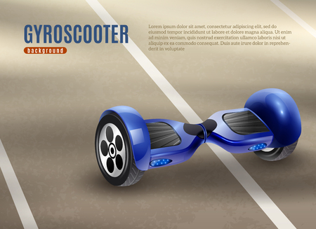 Realistic self-balancing gyro two-wheeled board scooter or hoverboard dark blue with road background poster vector illustrationのイラスト素材