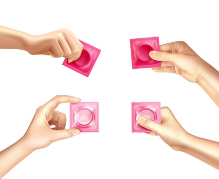 Female hands holding condoms in pink packages realistic set isolated on white background vector illustrationのイラスト素材