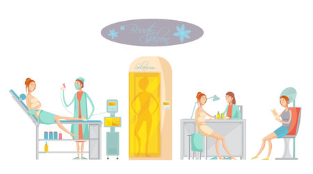 Flat concept with female customers doing epilation and receiving other services in beauty spa salon isolated vector illustrationのイラスト素材