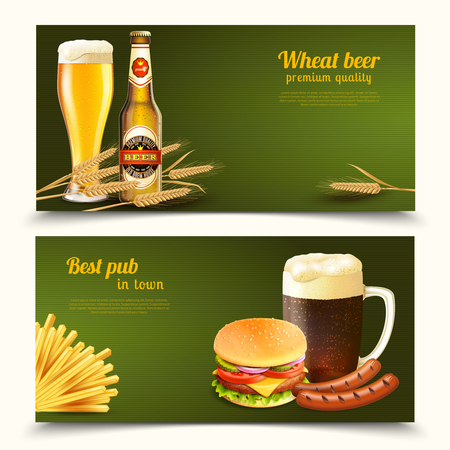 Best pub with premium quality light and dark beer on green background horizontal realistic banners isolated vector illustrationのイラスト素材