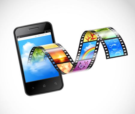 Smartphone with streaming video 3d design with film strip flowing from screen of mobile device vector illustrationのイラスト素材