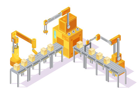 Yellow grey conveyor system with control panel, robotic hands and packaging on line isometric vector illustrationのイラスト素材