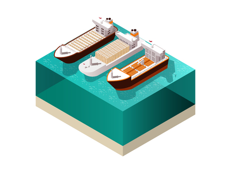 Ships isometric set with three heavily laden cargo boat vessels with shadows on sea water surface vector illustrationのイラスト素材