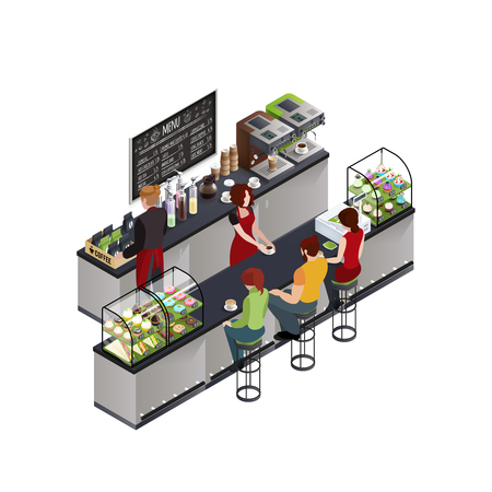 Hipsters at coffee shop bar counter isometric modern colorful cafe design poster with chalkboard menu vector illustrationのイラスト素材