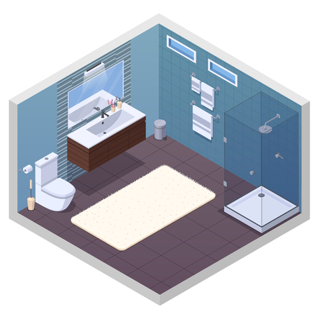 Bathroom isometric interior with glossy shower unit lavatory bowl vanity basin mirror and soft bath mat vector illustrationのイラスト素材