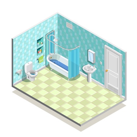 Hygiene icons isometric composition with lavatory interior sanitary fitments including tub basin washstand shelves and mirror vector illustrationのイラスト素材
