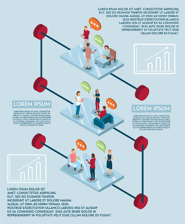 Gadgets people infographics with human figures on isometric platforms with messaging application thought bubbles and text vector illustrationのイラスト素材