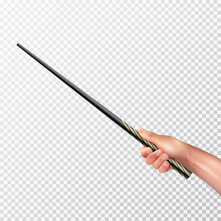 Male hand holding long black magic wand with pattern on transparent background realistic vector illustrationのイラスト素材