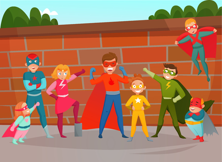 Kids superheroes composition with team of boys and girls in costumes on brick wall background vector illustrationのイラスト素材