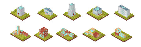 Isometric set of university buildings with windows on roofs and surrounding areas with trees isolated vector illustrationのイラスト素材
