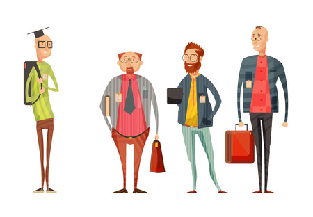 Teachers retro cartoon collection with smiling men in glasses with bags on white background isolated vector illustrationのイラスト素材