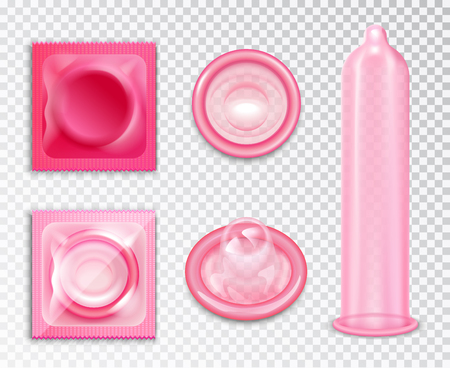 Pink condoms and packages realistic set isolated on transparent background vector illustrationのイラスト素材
