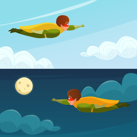 Horizontal banners with boy superhero flying on background of day and night sky isolated vector illustrationのイラスト素材