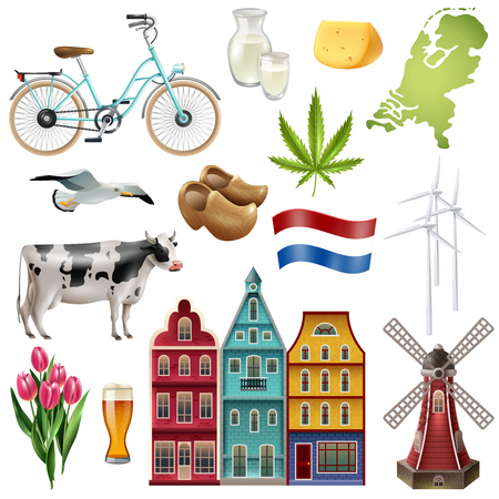 Holland netherlands travel icon set with most beautiful and popular attractions of the country vector illustrationのイラスト素材