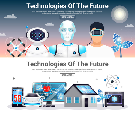 Technologies of future horizontal banners with eco house, electric car, robots, artificial photosynthesis, drones isolated vector illustrationのイラスト素材