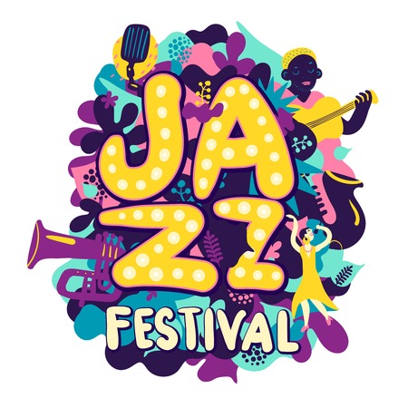 Colorful jazz festival composition with musicians and musical instruments on white background flat vector illustrationのイラスト素材