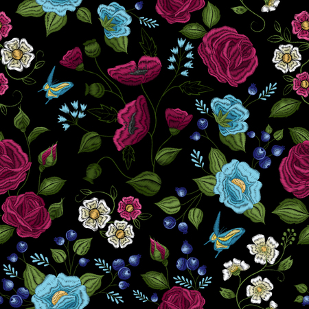 Traditional floral folk style embroidery seamless pattern design in purple green white blue on black background vector illustrationのイラスト素材
