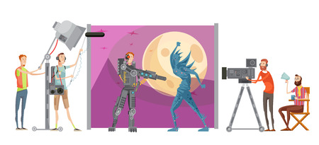 Making movie composition with actors in costumes on outer space background director with technical staff vector illustrationのイラスト素材