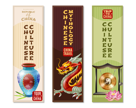 Three china travel vertical banner set with Chinese culture and mythology headlines vector illustrationのイラスト素材