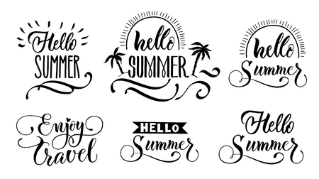 Summer lettering set of isolated monochrome emblems with ornate text hand drawn style sunbeams and palms vector illustrationのイラスト素材