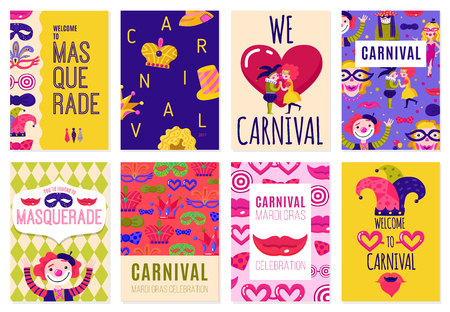 Set of eight  isolated carnival advertising posters with invitation to costume parties flat vector illustration.のイラスト素材
