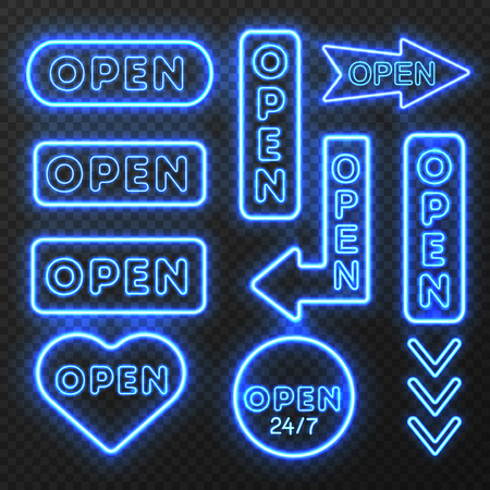 Neon open sign set with isolated images of blue electric light sign boards with arrow symbols vector illustration.のイラスト素材